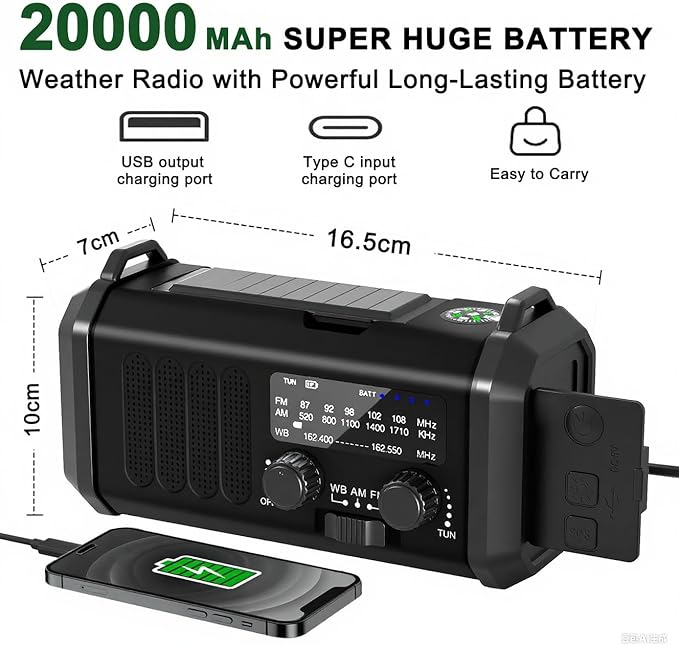 Emergency Radio NOAA Weather Radio Hand Crank & Solar Charging 20000mAh/74000mWh with AM FM Rechargeable Battery Built-in Flashlight Reading Light & SOS AM/FM & Portable for Camping & Emergencies