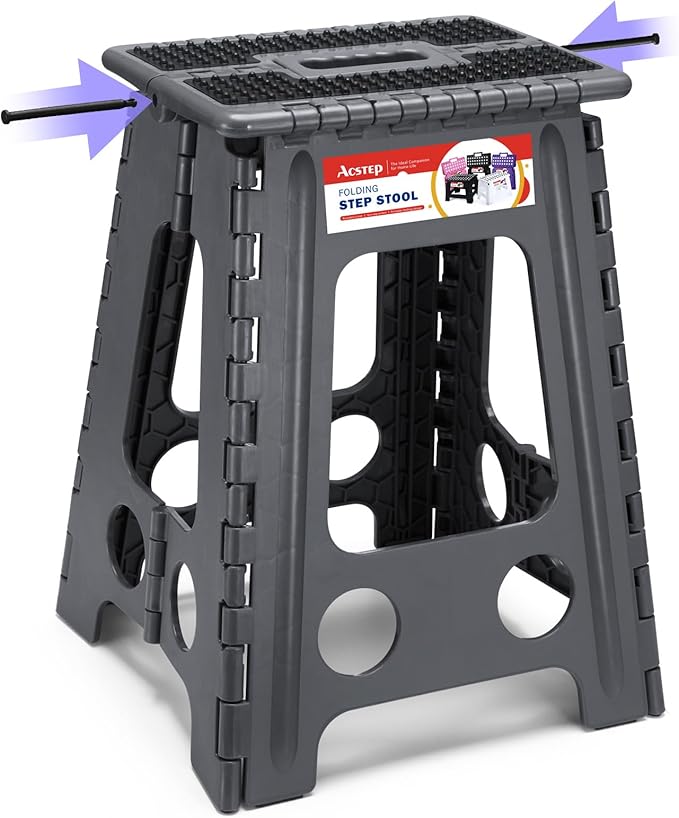 ACSTEP 17.5 Inch Folding Step Stool for Adults and Kids, Non-Slip Plastic Foldable Stepping Stool, Collapsible Folding Stool with Handle Holds Up to 400lbs for Kitchen, Dot Grey (1 Pack)