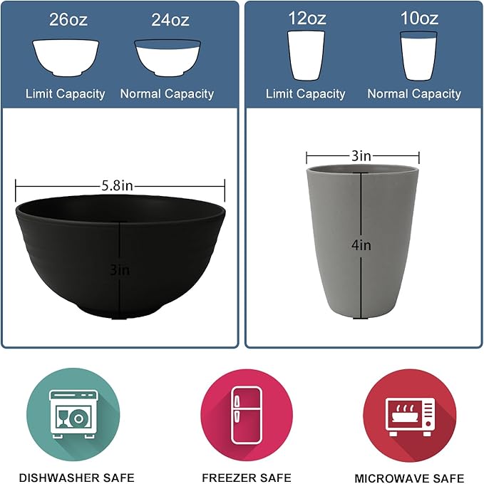 40Pack plates and bowls sets for dinner - Unbreakable wheat straw dinnerware sets service for 8 - Alternative plastic 40pcs dish sets for camping,picnic and R.V. - (Black & Grey)