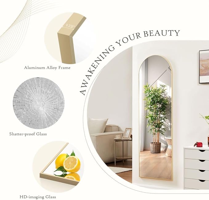 Arched Full Length Mirror, 64"x 21" Floor Mirror with Aluminum Alloy Thin Frame, Full Body Mirror Hanging or Leaning for Wall Bedroom Dressing Mirror Home Decor, Gold