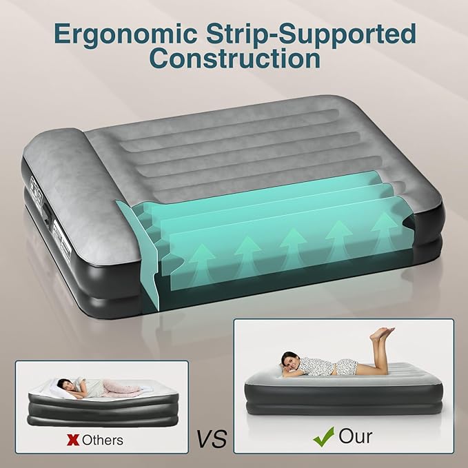 Queen Air Mattress Waterproof and Easy-to-Clean, Blow Up Mattress with Built-in Pump, Durable Inflatable Mattress with Pillow Design Suitable for Naps, Hosting a Friend and Camping