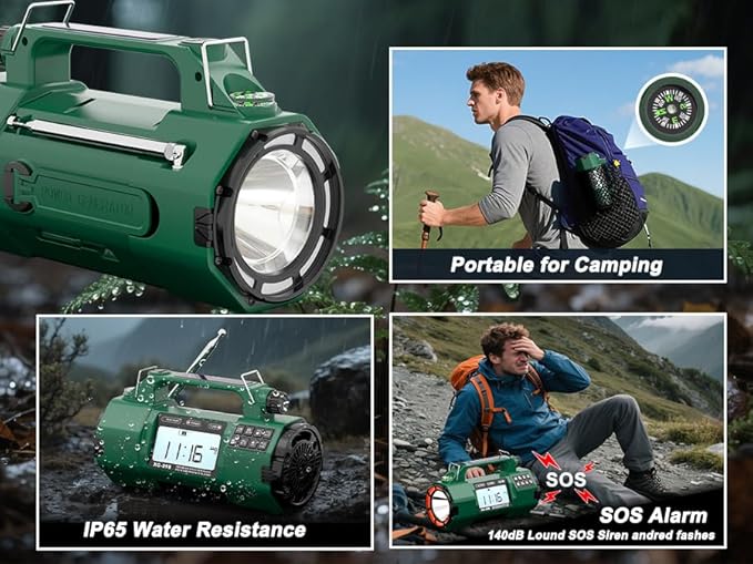 Emergency Alert NOAA Weather Radio with Hand Crank & Solar Power, AM/FM/SW Portable Radio, Replaceable Battery, Flashlight, Phone Charger, SOS Alarm for Hurricane, Power Outage, Camping Gifts