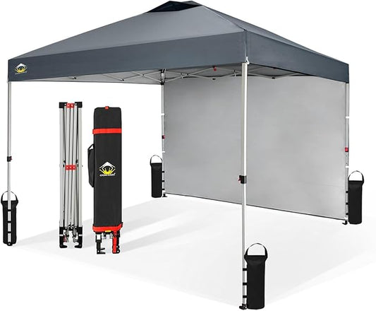 CROWN SHADES 10x10 Pop Up Canopy with 1 Side Wall - Beach Tent with One Push Setup - Outdoor Sun Shade for Events, Parties, Camping - Gazebo with STO-N-Go Cover Bag (Grid Grey)