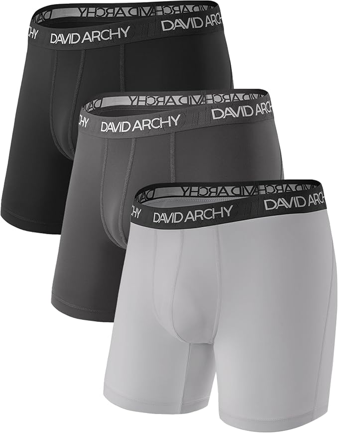 DAVID ARCHY Mens Performance Boxer Briefs 3 Pack, 3D Support Pouch & No Ride-Up Design Moisture-Wicking Sport Underwear