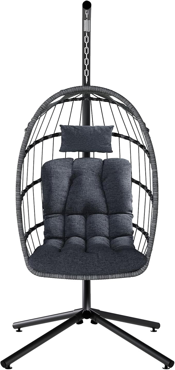 SWITTE Egg Chair Outdoor with Stand, Indoor Wicker Hanging Egg Swing Chair with Cushion, 350lbs Capacity for Patio, Bedroom, Garden - Dark Grey