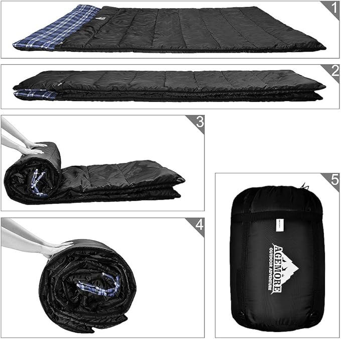 AGEMORE Cotton Flannel Double Sleeping Bag for Camping, Backpacking Or Hiking. Queen Size 2 Person Waterproof Sleeping Bag for Adults Or Teens. Lightweight with Compression Sack