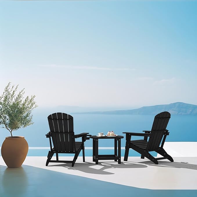 Folding Adirondack Chair, SGS Tested, Wooden Textured with Cup Holder, Heavy All-Weather HDPE Comfortable Set Poolside Backyard Lawn Black