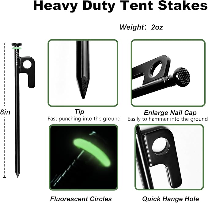 24Pcs Tent Stakes, 8in Heavy Duty Tent Stakes with Storage Pouch, Forged Steel Tent Sakes Metal, Metal Stakes for Tent Used on Grassland, Snowfield, Dessert(24Pcs, 8in, Diameter 1/4")