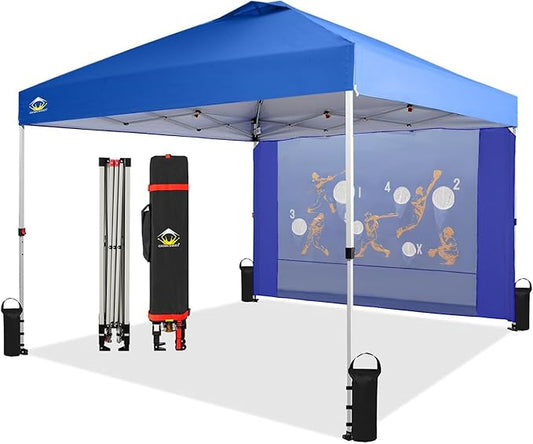 CROWN SHADES 10x10 Pop Up Canopy Tent with Game Netting - Beach Tent with One Push Setup - Outdoor Sun Shade for Events, Parties, Camping with STO-N-Go Cover Bag, Silver Coated Top, Blue