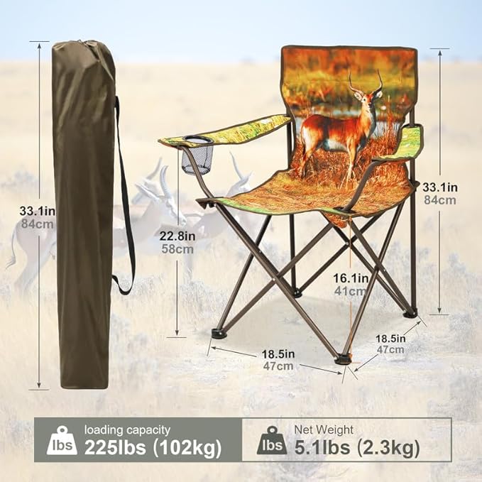 2 Pcs Animal Pattern Camping Chair,Folding Backpacking Lightweight Beach Chair w/Cup Holder,Side Pocket,Carry Bag,Portable Adults Lawn Chair for Family Outdoor,Hiking,Parties,Antelope