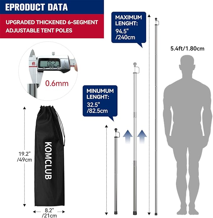 KOMCLUB Telescoping Tent Poles Tarp Poles Adjustable Stainless Steel Camping Tarp Pole for Outdoor Canopy Awning Rain Shelter-94.5 in Set of 2