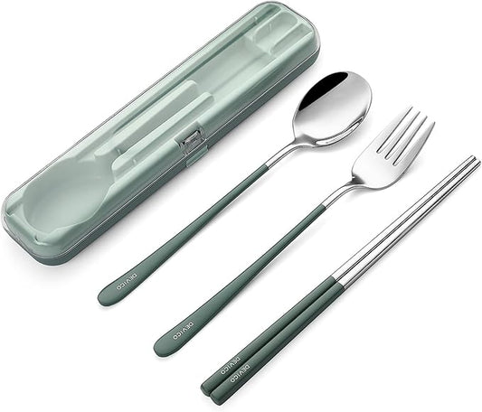 DEVICO Portable Utensils, Travel Reusable Silverware Flatware Set for Lunch, 18/8 Stainless Steel 4-Piece Camping Cutlery Include Fork Spoon Chopsticks with Case (Green)