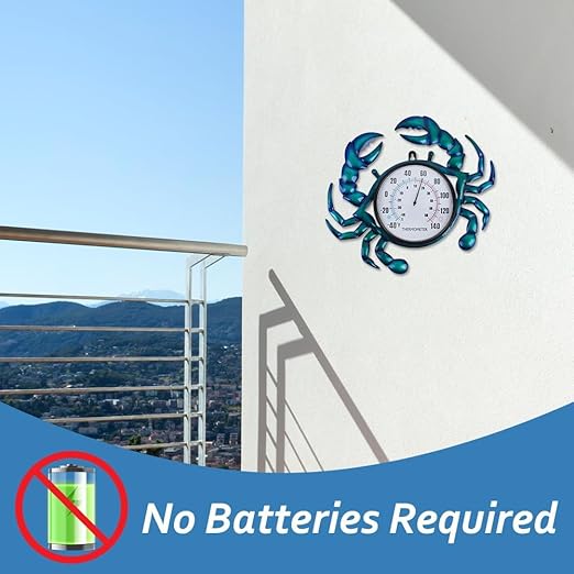 14" Crab Shape Outdoor Thermometer, Indoor Thermometer No Need Battery, Metal Wall Thermometer Easy to Read for Patio Garden Living Room Decor