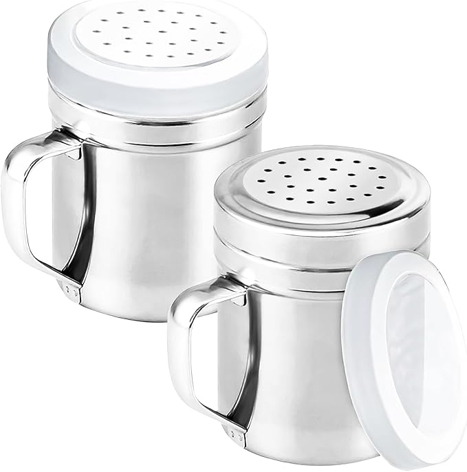 2Pcs Metal Salt Pepper Dredge Shakers, Stainless Steel Pepper Shaker Seasoning Jar With Handle, With Hole And Cover, Suitable For Pepper, Cinnamon And Coffee Spice Jars (Small-6OZ)