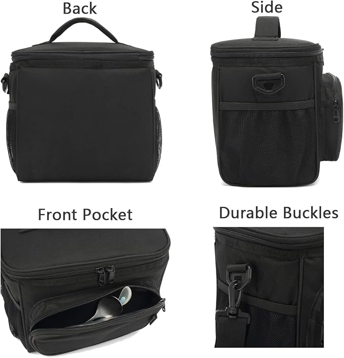 FlowFly Insulated Reusable Lunch Bag Adult Large Lunch Box for Women and Men with Adjustable Shoulder Strap,Front Zipper Pocket and Dual Large Mesh Side Pockets, Black