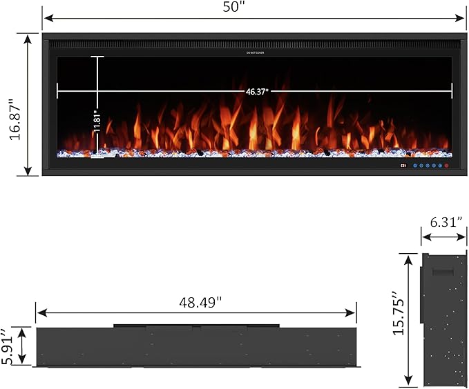 Benrocks 50'' WiFi-Enabled Electric Fireplace Insert - Alexa & App Control, 13 * 13 * 3 Color Combinations, Smart Fireplace Heater, Timer, Logs & Crystals Included, 750/1500W