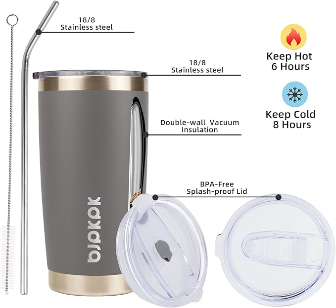 BJPKPK 20 oz Stainless Steel Insulated Tumbler Cup With Lid And Straw,Gray