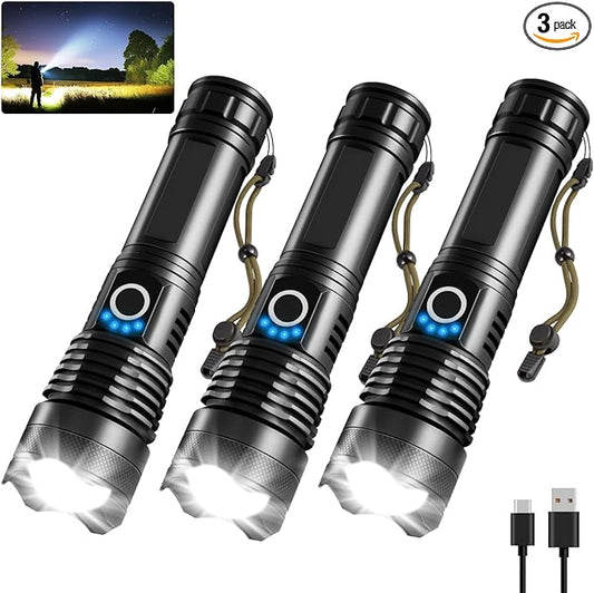 3Pack Rechargeable Flashlights High Lumens, Super Bright Flashlight, 5Modes LED Flashlight Rechargeable, Adjustable Tactical Flashlights High Powered, Flash Lights for Emergency Camping Home