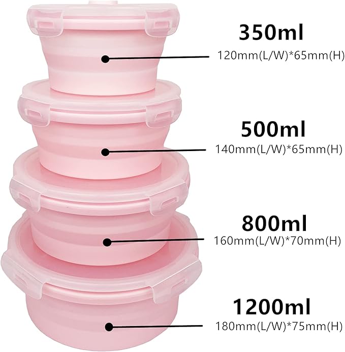 CARTINTS Silicone Collapsible Food Storage Containers-Prep/Storage Bowls with Lids – Set of 4 Round Silicone Lunch Containers – Microwave and Freezer Food Containers(pink)