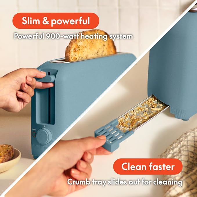 bella 2 Slice Slim Toaster, Fits-anywhere™ Kitchenware, 6 Setting Shade Control with Reheat & Cancel Buttons, Fits sourdough, 10” Long Slot, Anti Jam & Auto Shutoff, 900 Watt, Surf