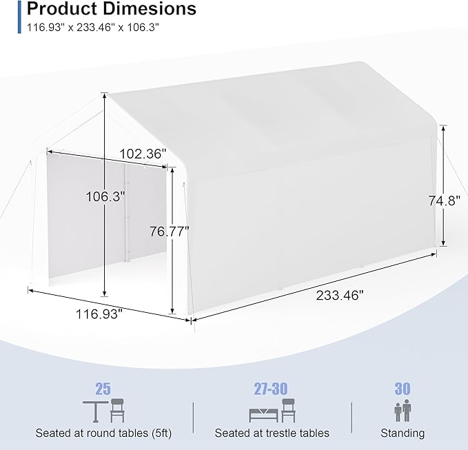 Carport, 10‘ x 20’ Heavy Duty Portable Garage All-Season Car Canopy w/Removable Sidewall & Doors, Carport Canopy Party Tent w/Water-Resistant Tarp for Backyard (White, 10‘ x 20’)