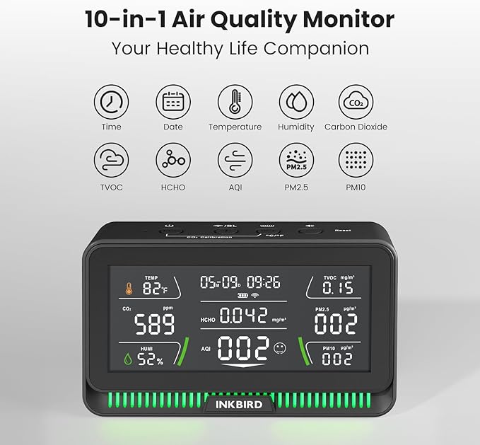 10-in-1 Air Quality Monitor with WiFi App Alerts | CO2, PM2.5, HCHO, TVOC Detector | 6.1" HD Display & 2Y Data Storage | Wall/Desk Mount for Home, Office, School (Black)