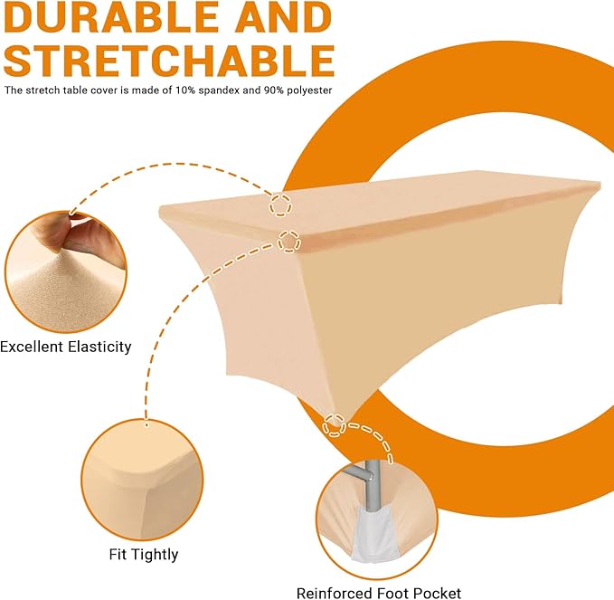 Eurmax USA 4Ft Rectangular Fitted Spandex Tablecloths Wedding Patio Table Covers Event Stretchable Tablecloth (Champagne)