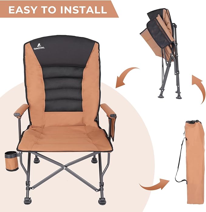Camping Chairs for Adults, Adjustable Backrest Heavy Duty Oversized Folding Camping Chair Supports 350lbs for Outside with Cup Holder&Side Pocket, Outdoor Folding Camp Chair with High Back (Brown)