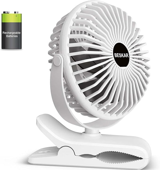 BESKAR Portable Clip on Fan Rechargeable, 4 Speeds Small Battery Operated Fans, USB Desk Fan with Strong Airflow, Sturdy Clamp Fans for Golf Cart Office Outdoor Travel Camping
