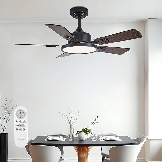 42" Ceiling Fans with Lights Remote Control, Black Ceiling Fan with Dimmable 3CCT LED Light, 6 Speeds Quiet Reversible Wood Ceiling Fan Light for Bedroom, Farmhouse, Garage, Office, Indoor Use