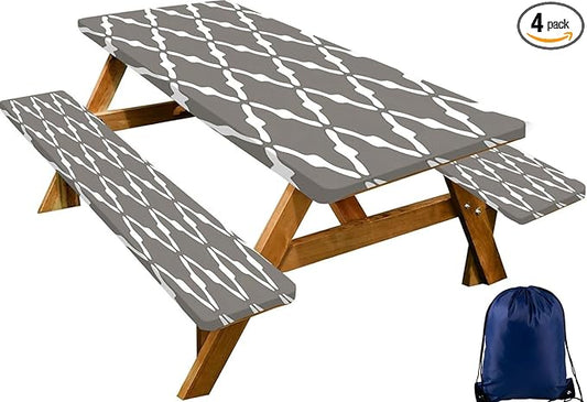 CAPSCEOLL Fitted Picnic Table Cover with Bench Covers with Elastic 6Ft Waterproof Camping Picnic Table Cover Cloths for Outdoors Camping Tablecloth with Drawstring Bag, 72X30in, White Grey