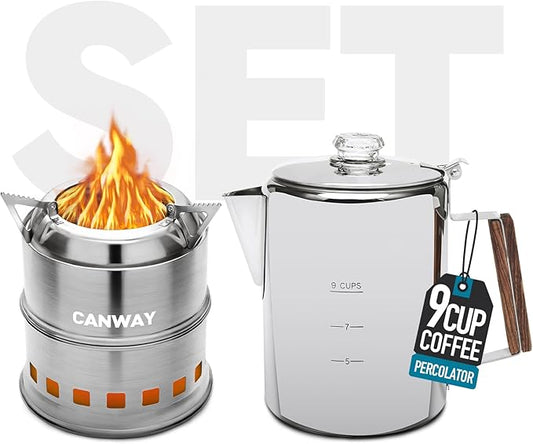 CANWAY Percolator Coffee Pot & Portable Camping Stove Set for Backpacking Hiking Stainless Steel Mini Wood Burning Stove 9 CUP Camping Stovetop Coffee Maker Outdoor Home with Carry Bag