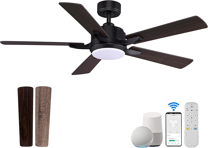 cumilo 52” Smart Ceiling Fanswith Lights Remote Control,Quiet DC Motor,Outdoor Indoor Modern Farmhouse Ceiling Fan work with Alexa App,Dimmable LED Light,Black/Brown for Bedroom Living Room Patio