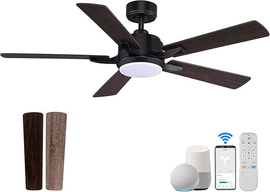 cumilo 52” Smart Ceiling Fanswith Lights Remote Control,Quiet DC Motor,Outdoor Indoor Modern Farmhouse Ceiling Fan work with Alexa App,Dimmable LED Light,Black/Brown for Bedroom Living Room Patio