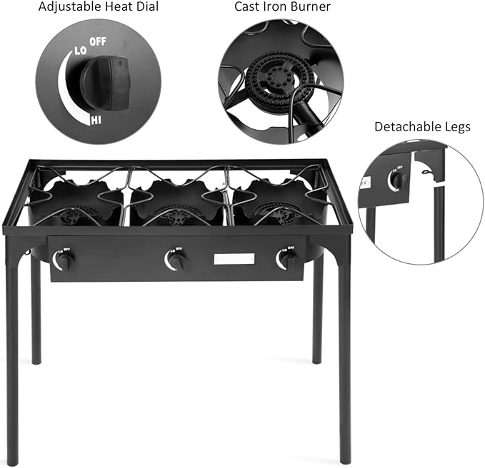 Happygrill Camping Stove Outdoor, High Pressure 3 Burner Propane Gas Camp Stove w/Detachable Legs, 225,000-BTU Output, 0-20 PSI Regulator, Portable Camping Burner Picnic Cookout