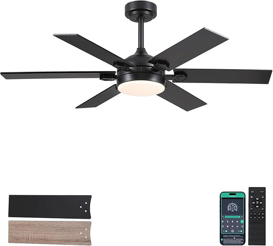 52" Black Ceiling Fans with Lights and Remote, Indoor Ceiling Fans with Quiet DC Motor, Dimmable 6 Speeds Reversible,Modern LED Ceiling Fan for Bedroom Kitchen