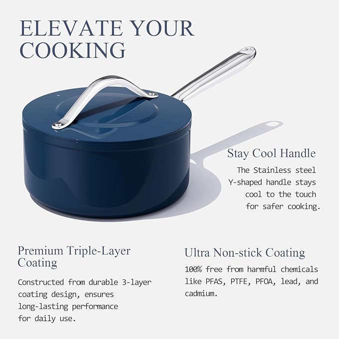 3.5qt Nonstick Ceramic Sauce Pan with Lid (8.19") Even Heat Distribution, Non Toxic & PFAS Free Healthy Cooking Pot for All Stovetops (Induction/Gas/Electric), Oven Safe 500°F, Navy Blue