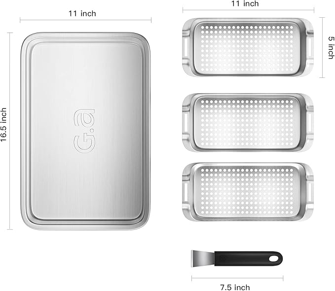 Grill Basket Set - BBQ Grill Tray with 3-Piece Grill Basket & Universal Handle, Heavy-Duty Stainless Steel, Dishwasher Safe, Rust-Resistant for Outdoor Cooking, Camping, Picnic, Gas, Charcoal Grills