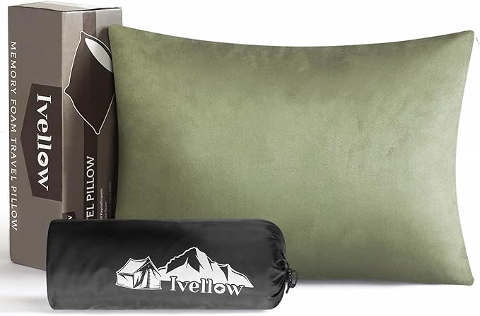 Ivellow Memory Foam Travel Pillow Compressible Camping Pillow for Sleeping Shredded Memory Foam Pillow Compact Firm Supportive Travel Pillow for Adults Kids Outdoor Hiking Essential Gear Green-M