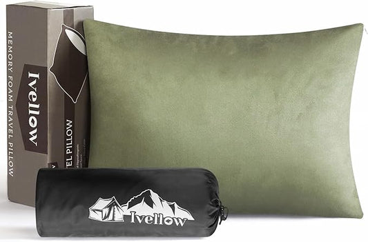 Ivellow Memory Foam Travel Pillow Compressible Camping Pillow for Sleeping Shredded Memory Foam Pillow Compact Firm Supportive Travel Pillow for Adults Kids Outdoor Hiking Essential Gear Green-M