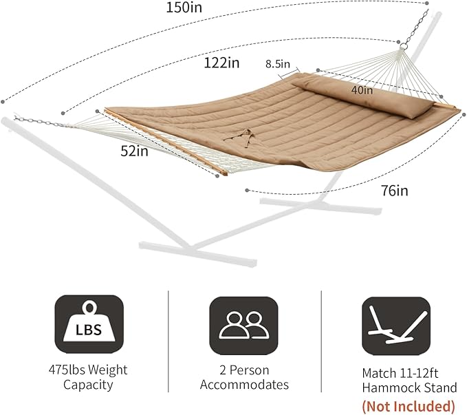 Outdoor Double Hammock with Hardwood Spreader Bars, Large Rope Hammock with Polyester Pad and Pillow, 475 LBS Capacity for 2 Person Patio Backyard Poolside - Tan