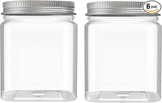 6 Pack 24 Oz Clear plastic jar, Refillable Kitchen Storage Containers, For Kitchen & Household, Aluminum cap.