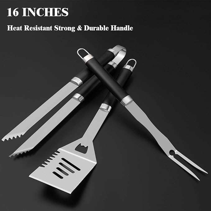 ROMANTICIST 25pcs Extra Thick BBQ Grill Accessories, Fathers Day Grilling Gifts Set for Men Dad, Heavy Duty Grill Tools Utensils Kit with Spatula, Tongs in Aluminum Case for Birthday Black