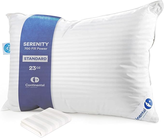 Continental Bedding | Serenity Goose Down Pillow | 700 Fill Power Hungarian White Down | 400TC Cotton Damask Shell | Made in USA | Firm, Standard with Protector