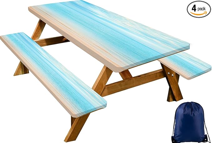 CAPSCEOLL Elastic Picnic Table Cover with Bench Covers 5Ft Waterproof Fitted Picnic Table Cover Cloths for Outdoors Camping Tablecloth with Drawstring Bag, 60X30in, Summer Beach