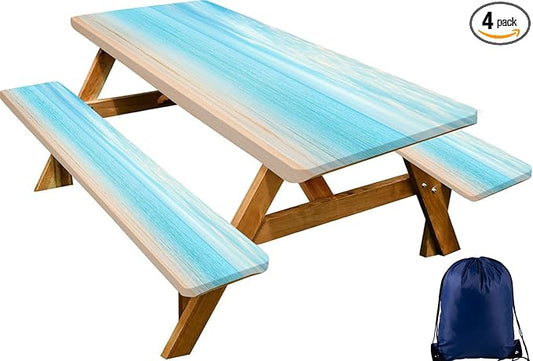 CAPSCEOLL Elastic Picnic Table Cover with Bench Covers 5Ft Waterproof Fitted Picnic Table Cover Cloths for Outdoors Camping Tablecloth with Drawstring Bag, 60X30in, Summer Beach