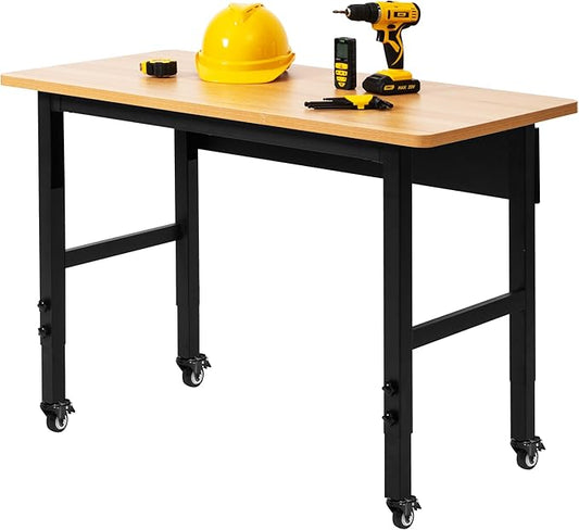 48" Adjustable Workbench with Wheels, Rolling Work Table for Garage, 2000 LBS Capacity Hardwood Work Bench, Heavy Duty Table for Workshop, Office, Garage, Home