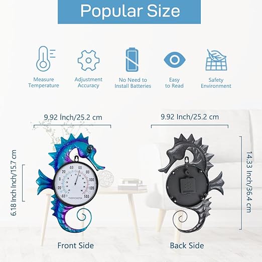 14" Seahorse Shape Outdoor Thermometer, Indoor Wall-Mounted Thermometer No Need Battery, Easy to Read for Patio Garden Living Room Decor