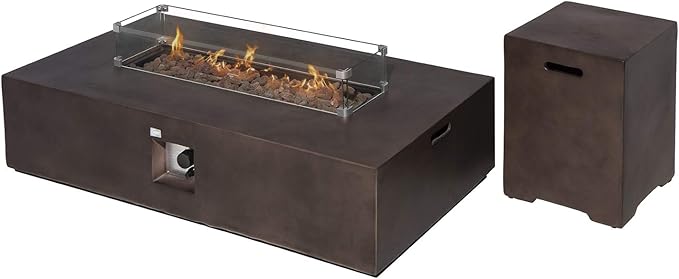 COSIEST 2-Piece Outdoor Propane Fire Table Set, Rectangle Concrete 56" x 28" Bronze Fire Pit (CSA Certified, 50,000 BTU) w 20lb Tank Table, Wind Guard, Waterproof Cover for Garden, Porch, Backyard