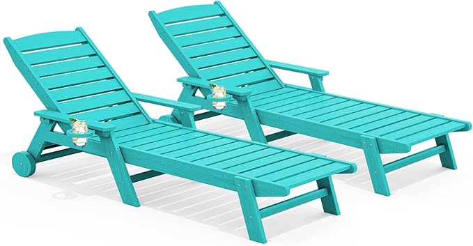 SERWALL Patio Chaise Lounge Chair Set of 2, 78'' Long 5-Positions Adjustable HDPE Outdoor Lounge Chair for Pool, Poly Lounge Chair with Rolling Wheels & Cup Holder for Poolside, Deck, Aqua Blue